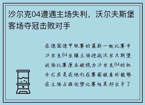 沙尔克04遭遇主场失利，沃尔夫斯堡客场夺冠击败对手